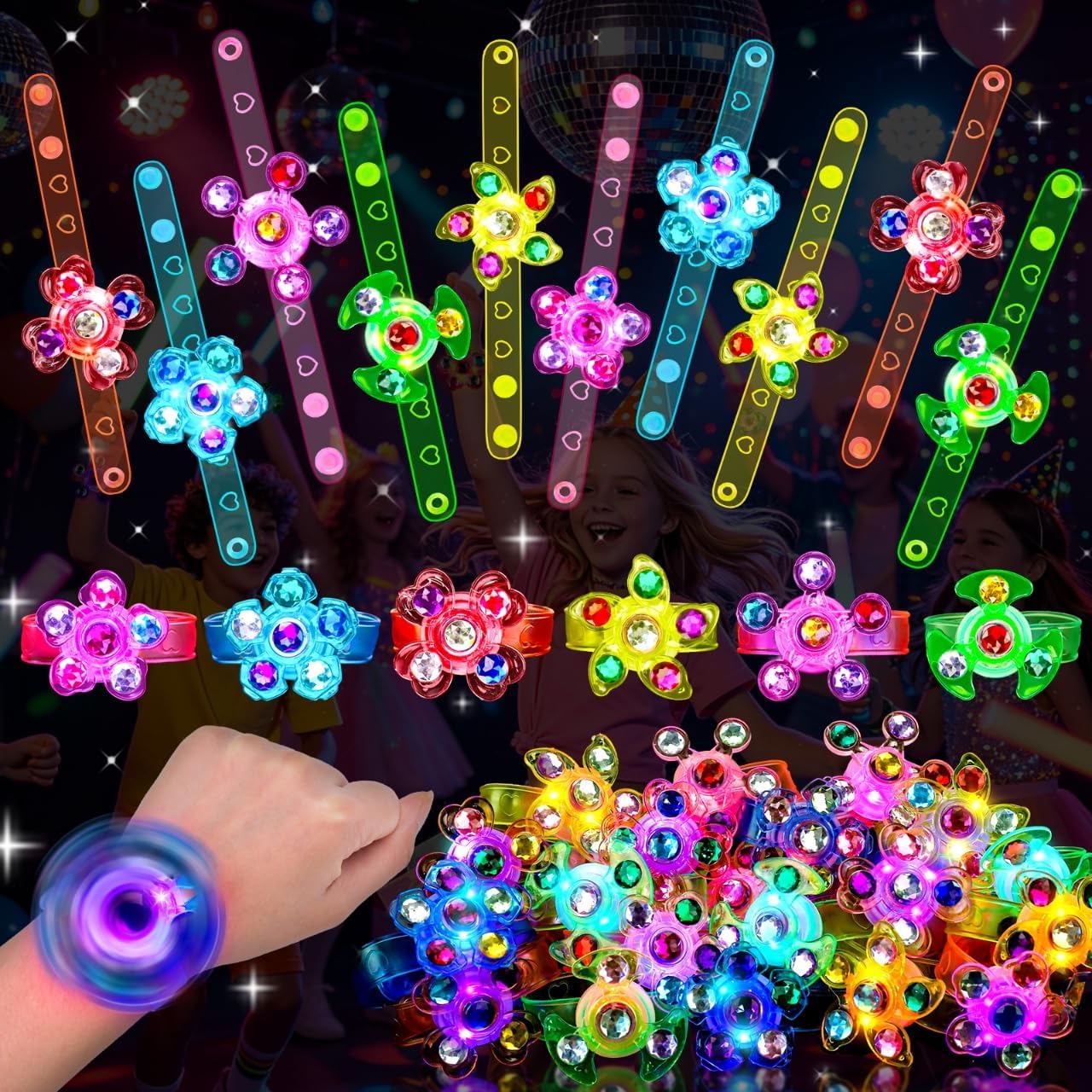 24PCS Light Up Fidget Spinner Bracelets Birthday Party Favors Bulk for Kids 4-8 8-12 Summer Goodie Treat Bag Stuffers Pinata Filler Classroom Treasure Toys Carnival Prize Back to School Student Gift