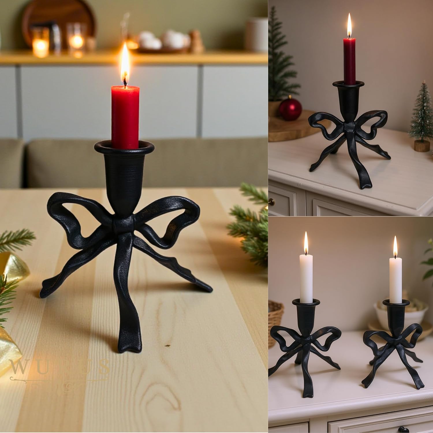 Bow Candle Holder, Bow Metal Taper Candle Holder 5" H x 4.81 W, Gold, Black, Decorative Candle Holders for Centerpiece, Table, Wedding (Black)