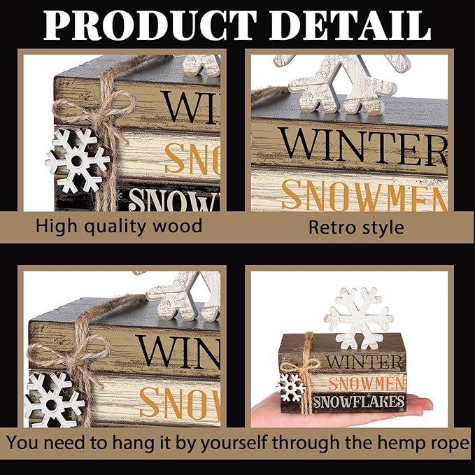 4 Pcs Winter Table Decorations Snowmmen Tiered Tray Decorations Christmas Mini Snowflake Wooden Books Signs for Office Shelf Classroom Tabletop Bookshelf