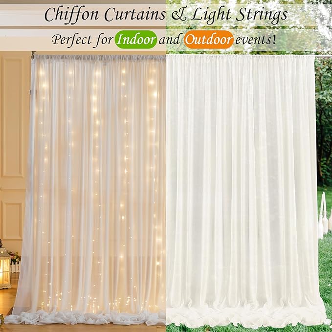 10ft x 10ft Cream White Chiffon Backdrop Curtain with Lights String for Parites Wedding Wrinkle Free Curtain Photo Backdrops Drapes for Baby Shower Birthday Party Home Decorations
