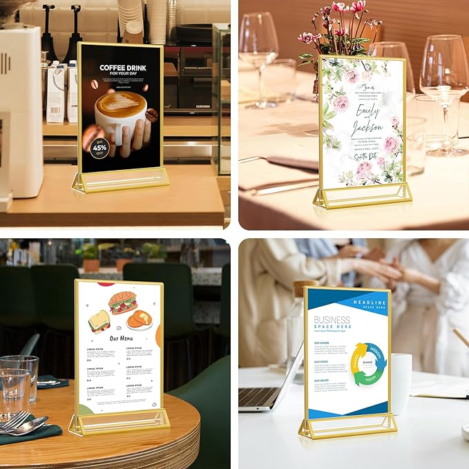 Gold Acrylic Sign Holder 5x7, 16 Pack Wedding Gold Frame Table Number Holders Vertical, Clear Picture Frames Flyer Stands Tables Menu Holder, Double Photo Paper Display Holder for Party, Home, Office