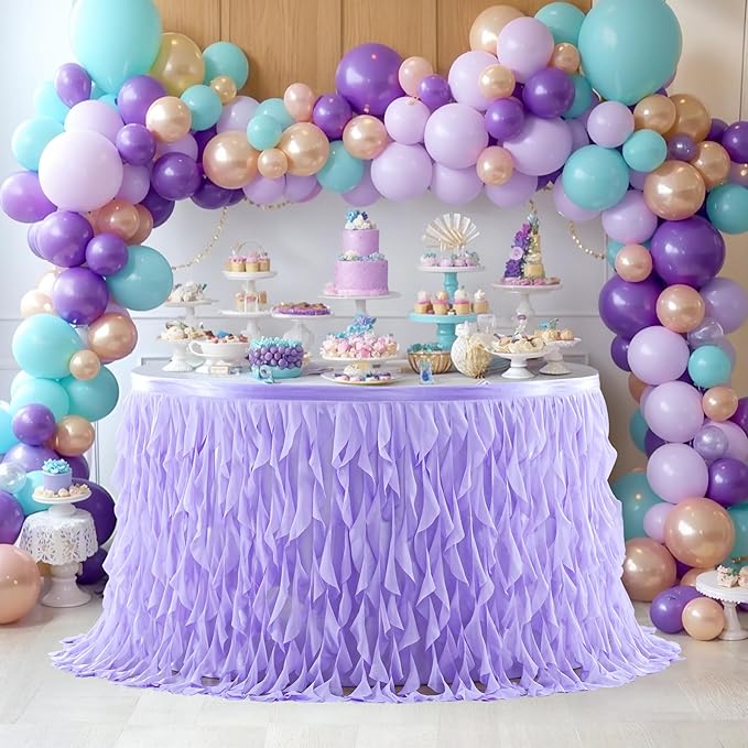 PARTISKY Lavender Purple Tulle Curly Willow Table Skirt for Rectangle Table 9ft, Ruffle Tutu Table Cloth for Girls Boys Baby Shower,Mermaid Birthday Party