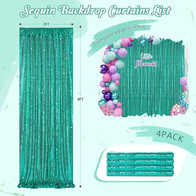 Backdrop Curtains for Mermaid Party Decor - 4 Panels 2FT x 8FT Lake Green Sequin Background Drapes for Wedding Bridal Birthday Party