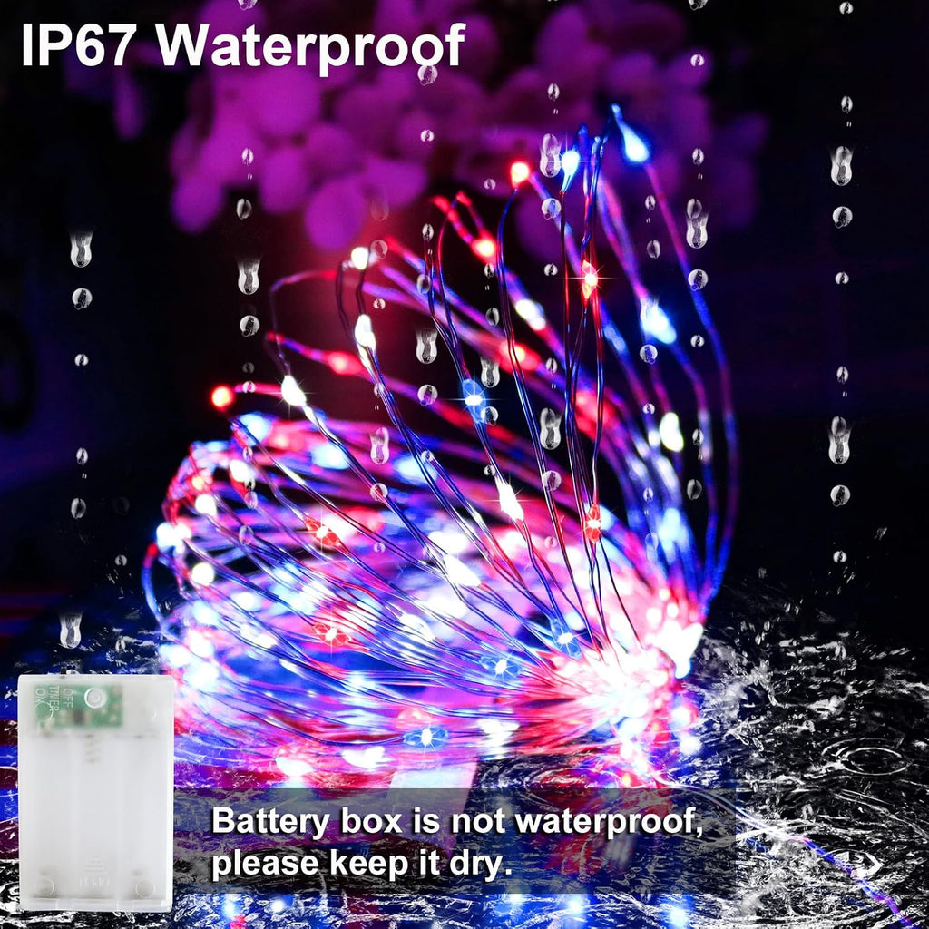4th of July Patriotic Decorations, Red White Blue Fairy String Lights, Battery Operated with Timer, 2 Pack Total 33FT 100 Led Mini Battery Powered Mason Jar Firefly Lights DIY Party Memorial Day