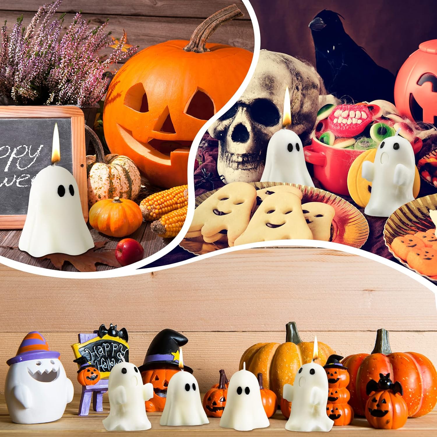 Minatee 4 Pieces Large Halloween Ghost Candles Cute Spooky Fall Decor Burning White Scented Wax Candles Gifts for Boo Basket Stuffers Halloween Room Table Indoor Decorations, 2 Style