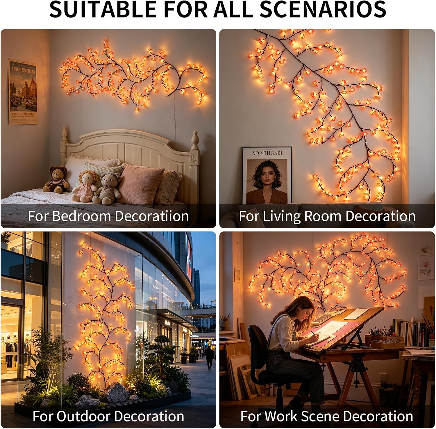 FNHMSL Cherry Enchanted Willow Vine Lights, 4FT 48LED Pink Cherry Blossom Tree Branch Lights for Wall, Remote Timer,8 Light Model,Bedroom Wall Doors Wedding, Christmas, USB Battery Box