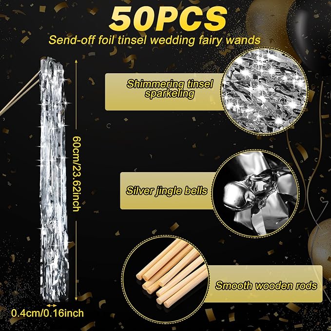 50 Pcs Wedding Fairy Wands with Bells Foil Tinsel Ribbon Stick Wands Tinsel Party Streamers with Bell Glittery Bridal Wedding Send Off Ideas Holiday Celebration (Silver)