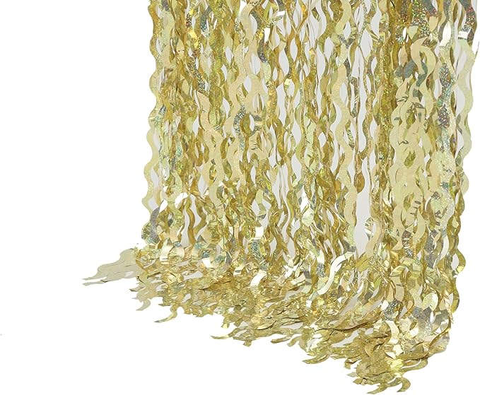 4 Pack Wavy Sparkle Champagne Gold Metallic Tinsel Foil Fringe Curtains Photo Booth Backdrop | Gold Streamer Backdrop for Holiday Celebration Bachelorette Party Decorations