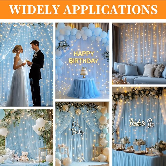 10x10ft Baby Blue Tulle Backdrop Curtain with String Lights, Wrinkle-Free Sheer Baby Shower Backdrop for Birthday Party, Bridal Shower, Photo Shoots, Wedding and Home Decorations, Baby Blue