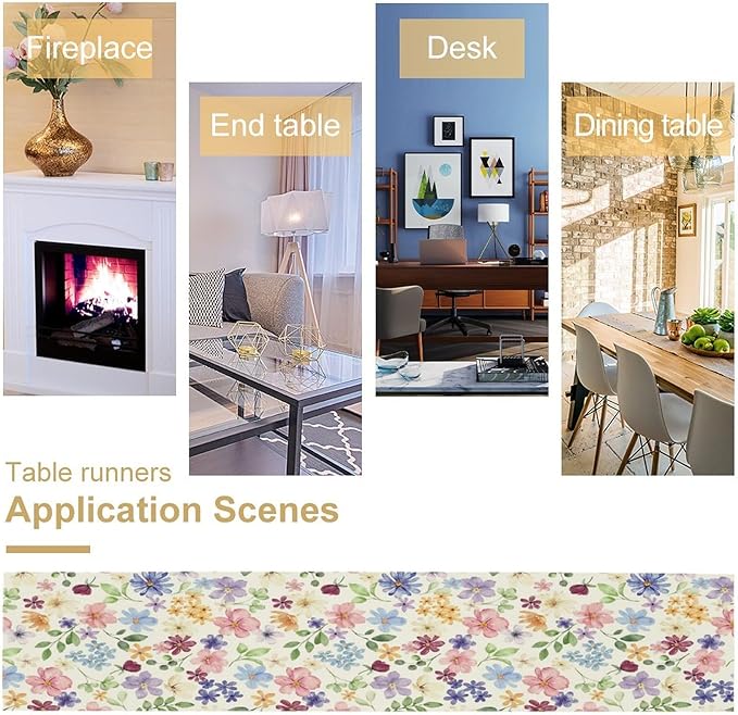Floral Decorative Table Runner, Watercolor Floral Botanical Rustic Modern Style Pattern Printed Long Table Runner for Restaurant Kitchen Party,13in（33cm） W * 90in（229cm） L