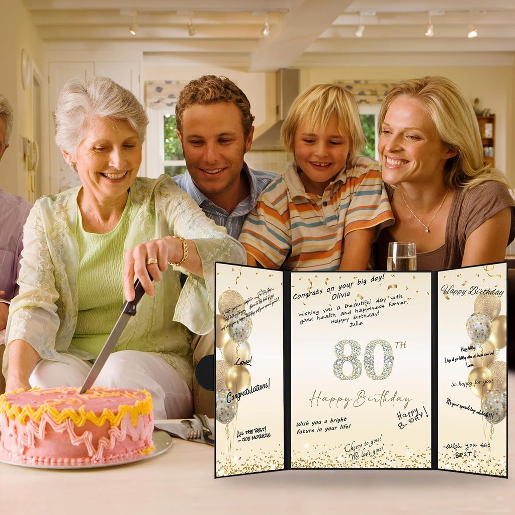 DARUNAXY Black Gold 80th Birthday Party Decorations, Happy 80th Birthday Alternative Signature Guest Book for Men Women Cheers to 80 Years Old Gifts 80 Birthday Signing Card Board Party Supplies