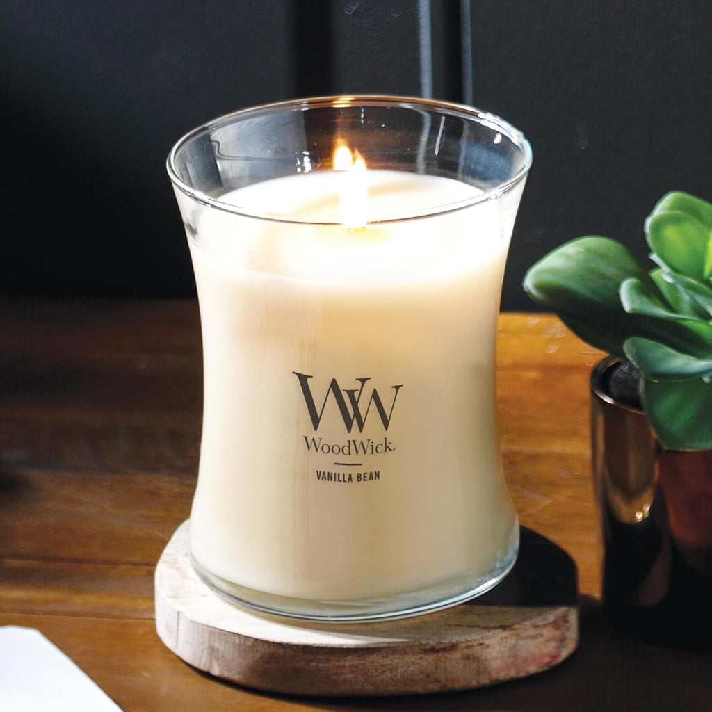 WoodWick Vanilla Bean Holiday Candle Gifts for Women and Men, 9.7 oz Medium Hourglass Candle with Crackling Wick