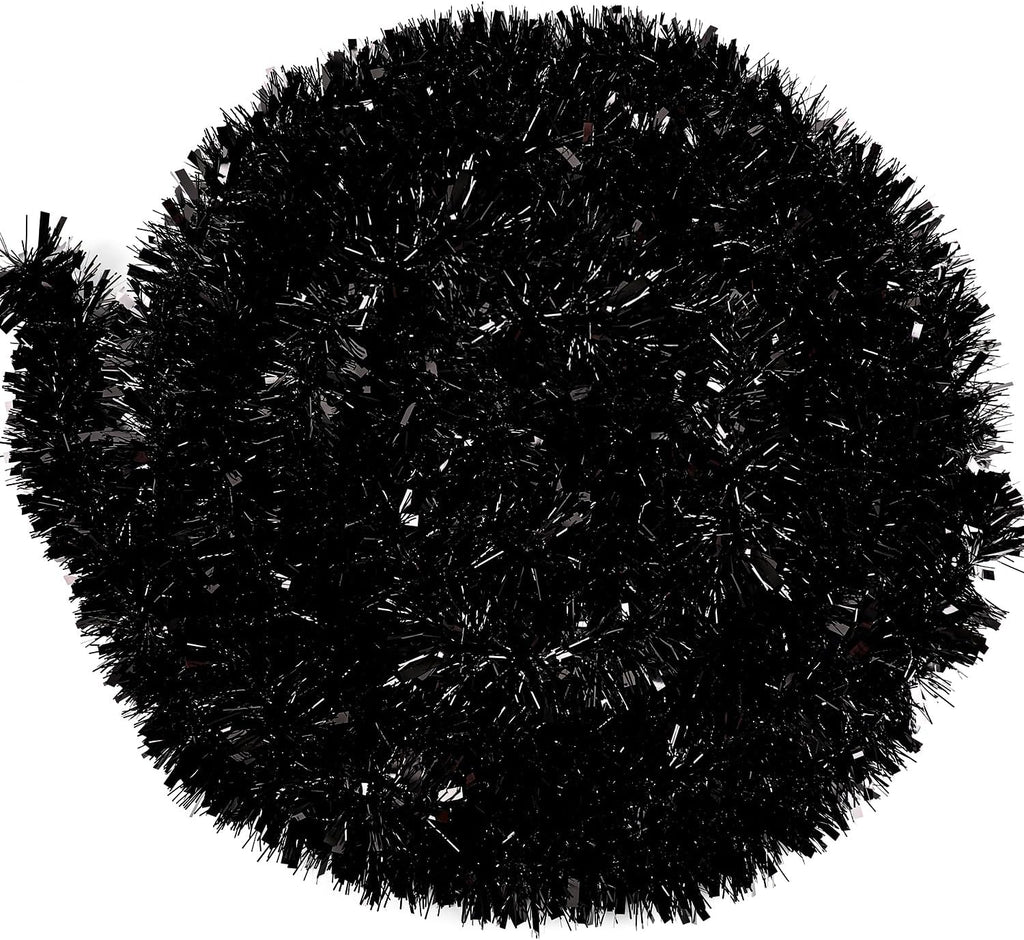 FOIMAS 33FT Black Tinsel Garland,Halloween Metallic Tinsel Garland Twisted Hanging Garland for Halloween Christmas Tree Fireplace Home Decoration