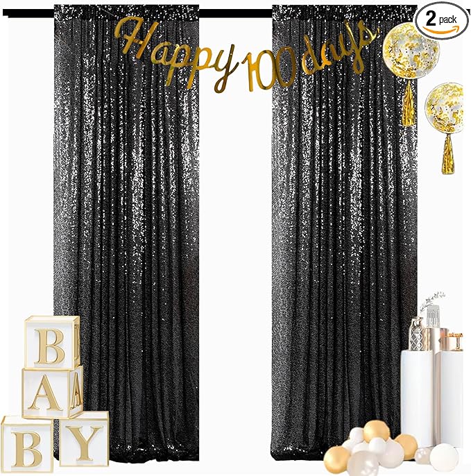 ShinyBeauty 2 Panels Black Sequin Backdrop | 7Ft x 7Ft Sparkly Photo Background | Halloween & Party Decor | Durable & Elegant Curtains | Perfect for Photography & Events