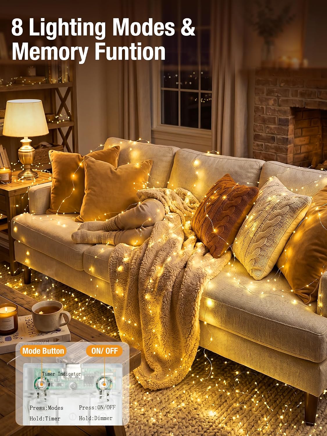 btfarm 4 Pack Fairy Lights Battery Operated with Timer, 16FT 50LED Twinkle String Lights USB Powered, 8 Mode Dimmable Cuttable Wire Light Waterproof for Indoor Bedroom Wedding Christmas, Warm White