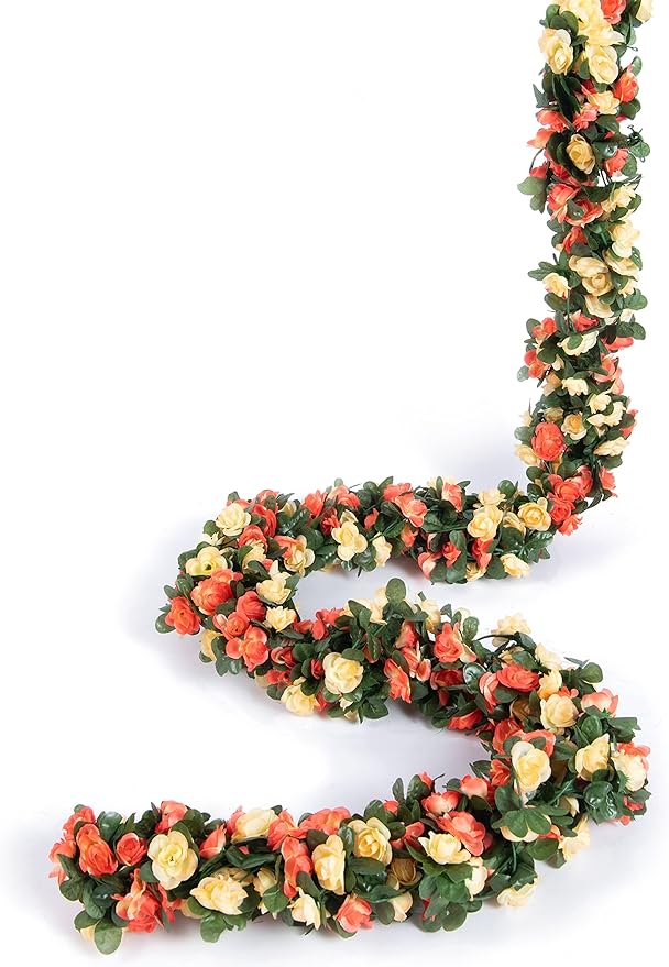 8 Pcs x 8.2 ft Flower Garland Artificial Rose Vine Flowers with Green Leaves Hanging Fake Roses Vine for Room Party Home Wedding Birthday Christmas Wall Arch Decor, Champagne Flower