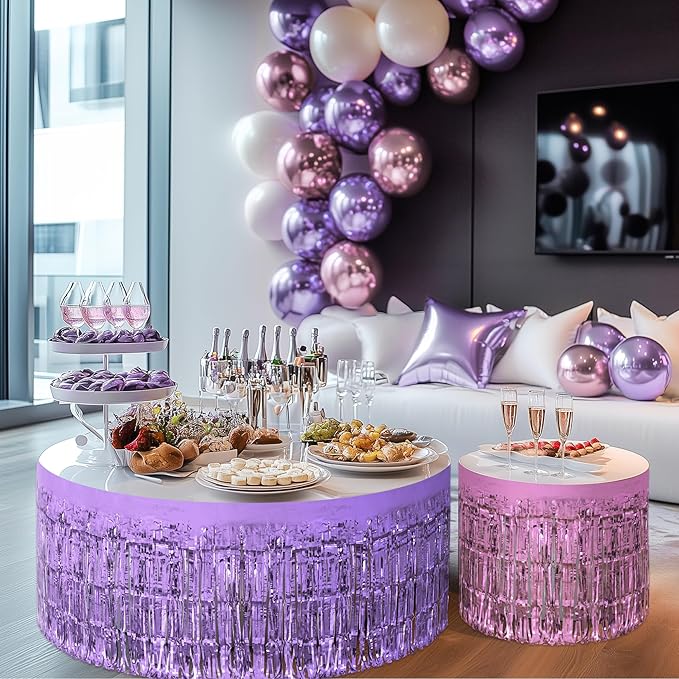 3 Pack Light Pink & Blue & Purple Table Skirts, 29x108" Metallic Foil Tinsel Fringe Table Skirt for Rectangle Tables Streamer Curtains Backdrop, Party Decorations for Birthdays, Weddings, Holidays