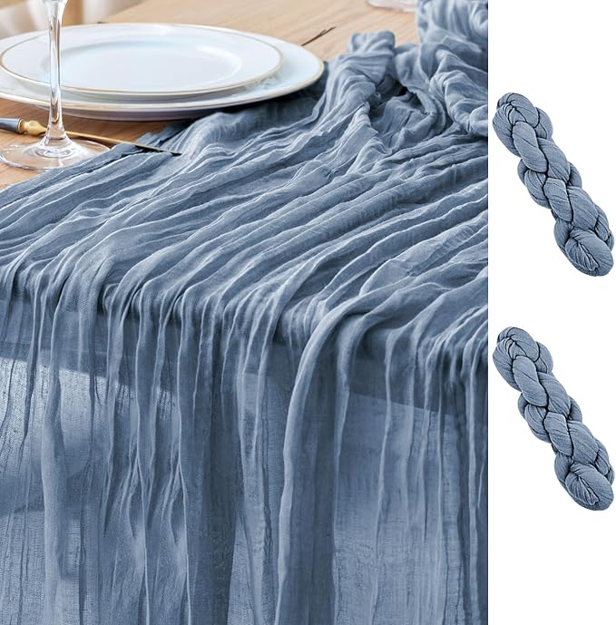 Asee'm 2pcs Cheesecloth Table Runner 120 Inches Dusty Blue Boho Gauze Cheese Cloth Runner 10FT Rustic Sheer Table Runners for Centerpiece Wedding Baby Shower Spring Easter Decoration