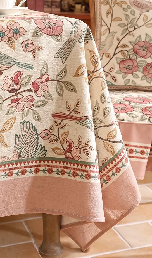 patdrea Designer Pink Linen Table Cloth for Rectangle Table,Vintage Floral with Birds Pattern Decorative Tablcloth,French Table Cover for Kitchen Dining,Thanksgiving,Christmas,63"x94"-Kulom a