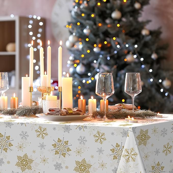 Jectivs 3Pcs Christmas Snowflake Party Tablecloths Decorations,Plastic White and Gold Table Cloth,Winter Rectangle Cover for New Year Birthday Baby Shower Holiday Decorations,54x108 inch