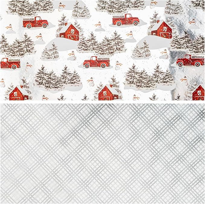 LeZakaa Christmas Silver Wrapping Paper Mini Roll for Boy Kid, Red Truck, Snowy Pine Forest & Grid Plaid, Silver Foil Reversible Design for Winter Holiday Family Gathering, 17 inches x 32.8 Feet