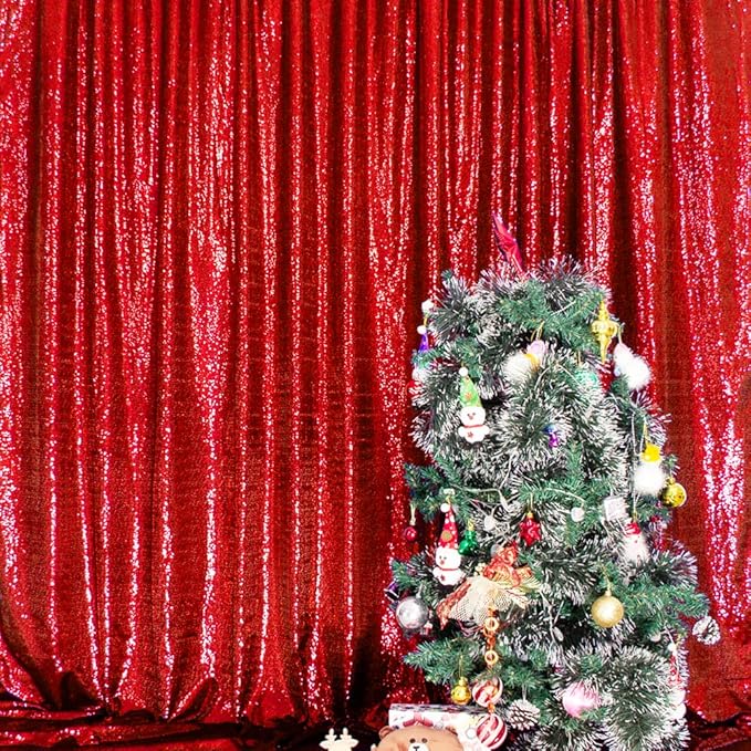 SquarePie Sequin Backdrop Curtain Less See Through Background for Wedding Christmas Party(8FT x 8FT, Red)