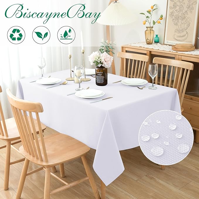 Biscaynebay Textured Fabric Tablecloths 70x108 Inches Rectangular, White Water Resistant Tablecloths for Dining, Kitchen, Wedding and Parties etc. Machine Washable