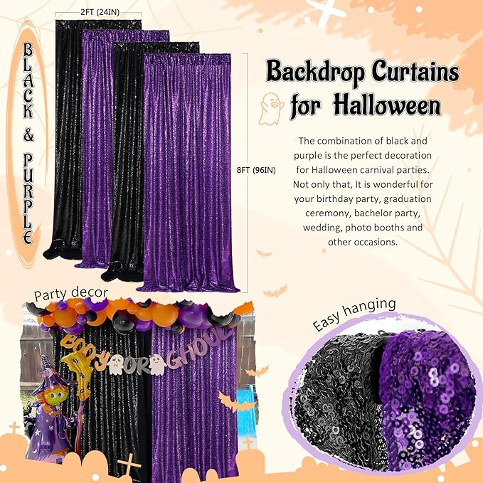 Purple Sequin Backdrop 2 Panels 2FTx8FT Glitter Halloween Party Backdrop Curtains Photo Background for Wedding Baby Shower Stage Decorations