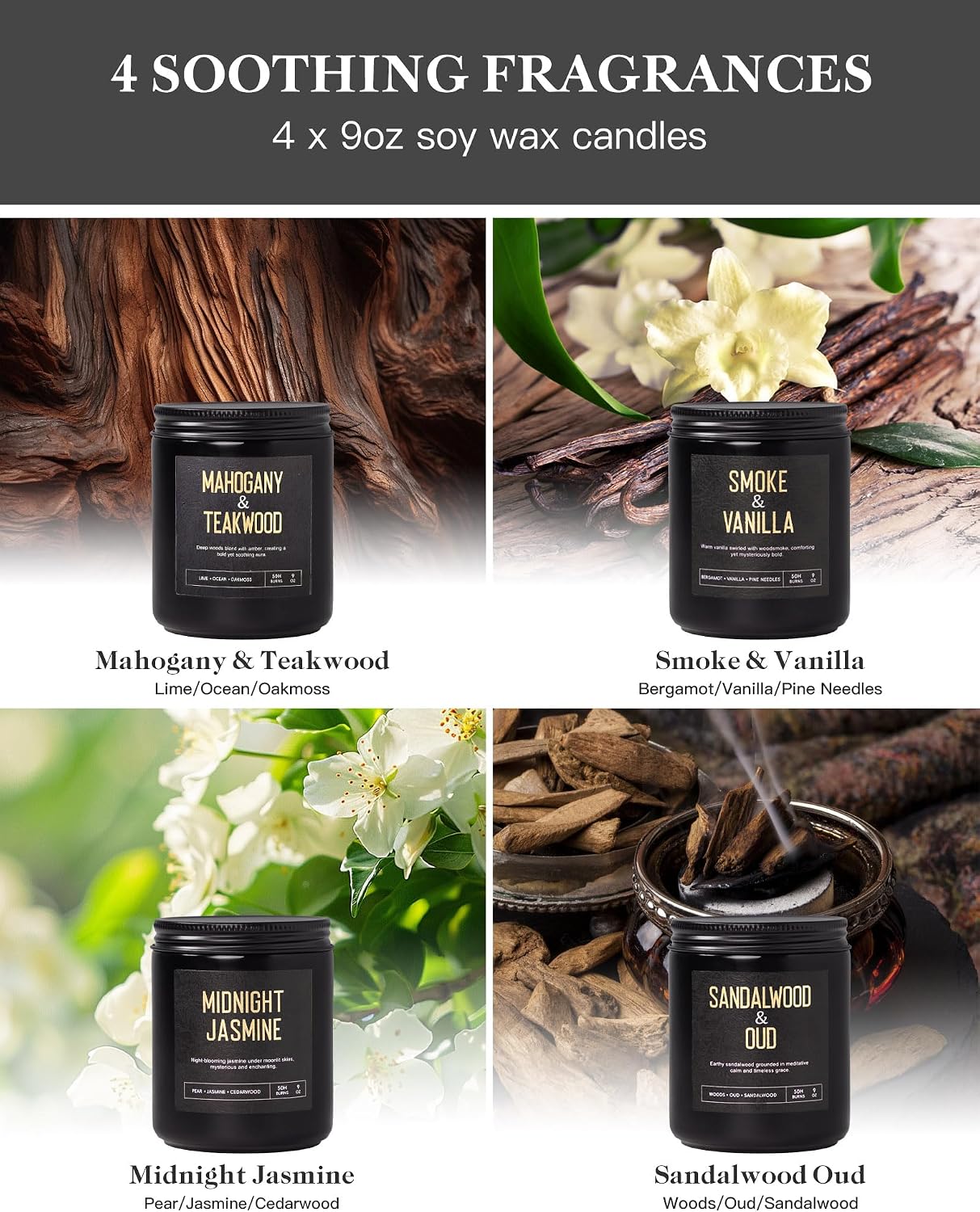 Men's Scented Candles Gift Set, 4 Jar Wood Wick Soy Wax Candles for Home | 200 Hour Burn, Mahogany & Teakwood, Smoke & Vanilla, Midnight Jasmine, Sandalwood Oud Scented Candle, Gifts for Men