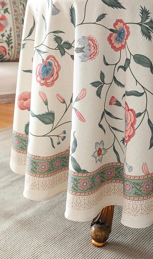 ISAENNE Designer Chinoiserie Linen Floral Small Round Tablecloth,White Wrinkle Resistant Table Cloth,Elegant Decor Tablecloths for Dining Thanksgiving Kitchen Christmas,Diameter 55"-Daffy