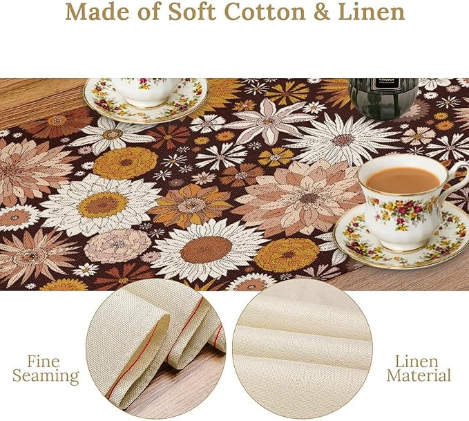 Boho Floral Table Runner, Vintage Country Farmhouse Daisy Flowers Modern Kitchen Dining Room Decoration for Indoor and Outdoor Wedding Party Banquet Table Runner 13x60 Inch