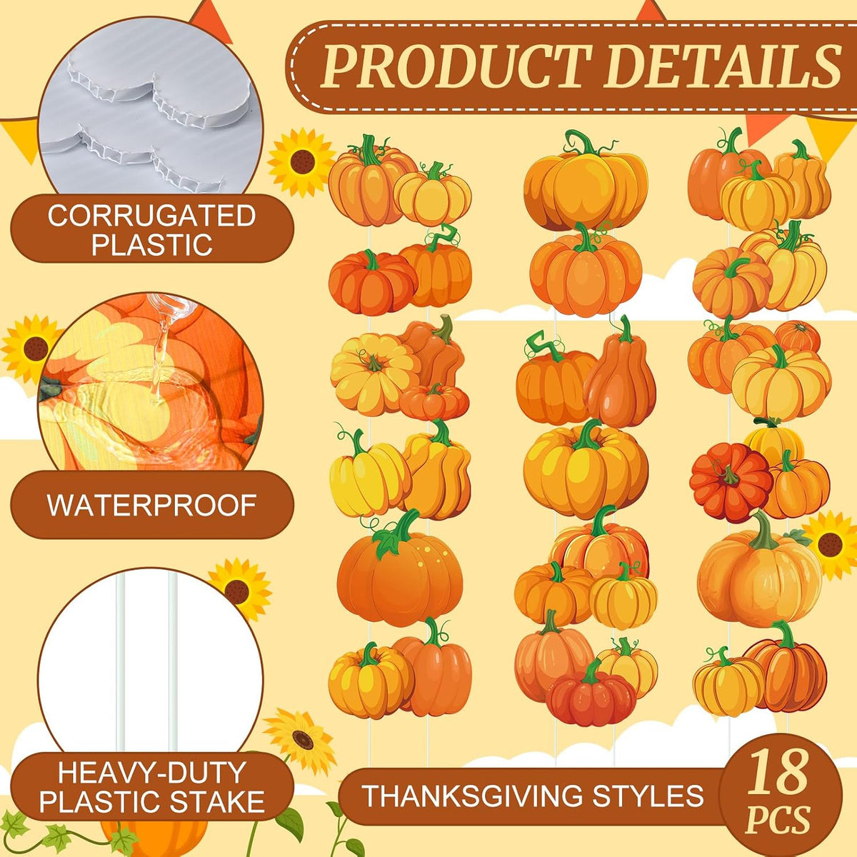 Yuntau 18 Pcs Fall Yard Signs with Stakes, 18 Styles, Pumpkin