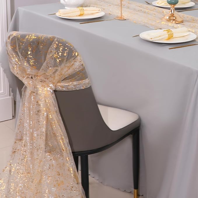 Snowkingdom 10 Ft Gold Table Runner, Sheer Chiffon Tulle Cheesecloth Golden Sequin Glitter Metallic Foil, Gold Party Table Decorations Centerpiece for Wedding Birthday Christmas Bridal Baby Shower