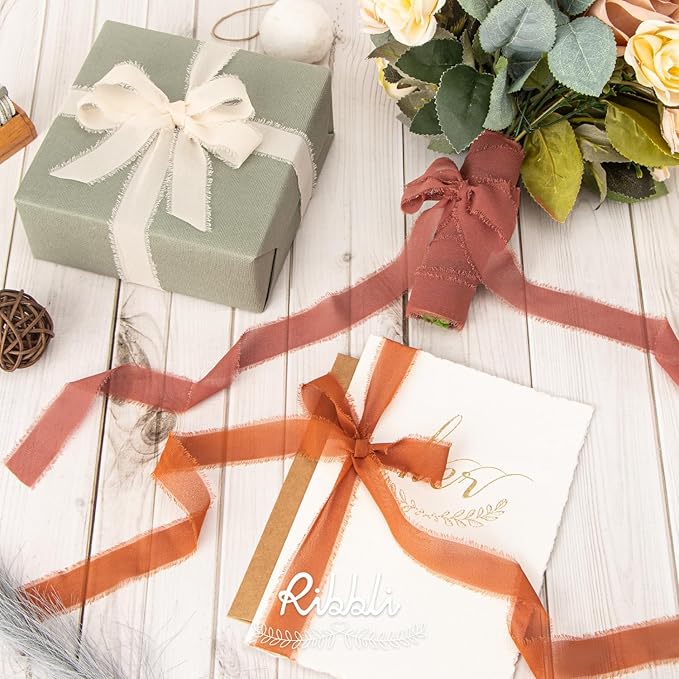 Ribbli Fall Chiffon Silk Ribbon 1Inch x 24 Yard Champagne/Terracotta/Rust Red Fringe Chiffon Fall Ribbon for Wedding Invitations, Bridal Bouquets Wrapping, Flower Arrangement Decoration