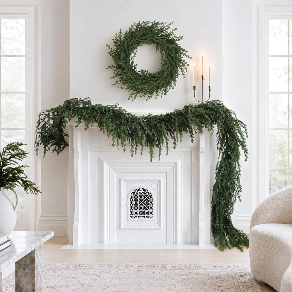 upgraded 9ft christmas norfolk pine garland, real touch shown in use