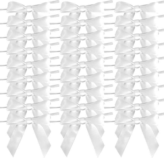 50pcs 2-1/2" White Satin Ribbon Bows with Twist Ties for Wedding Box Gift Wrapping Packing Christmas Decoration (White)