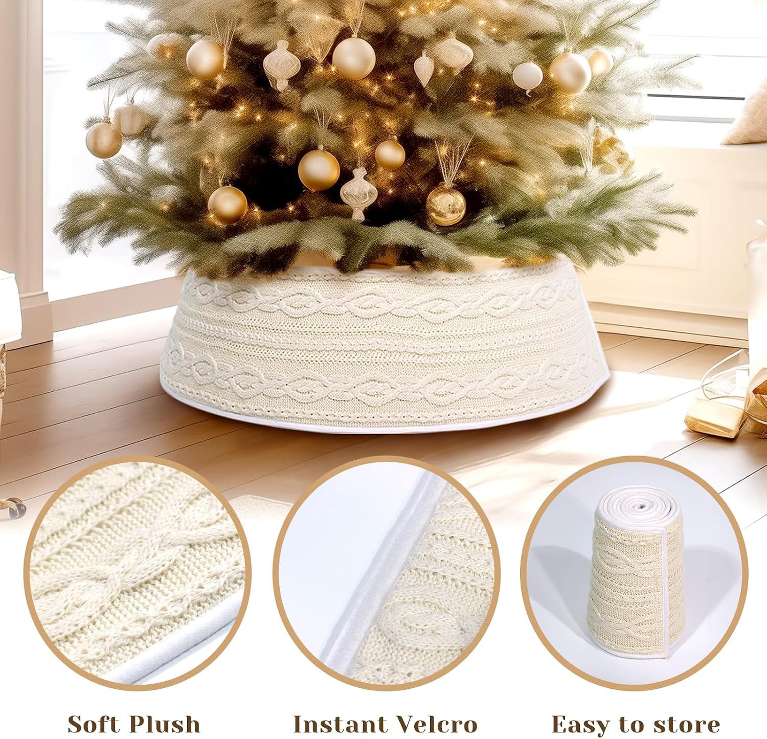 WBHome Christmas Tree Collar, Adjustable 28 inch Cable Knit Knitted Thick Rustic Holiday Decoration, Farmhouse Tree Ring Tree Skirt for Christmas Home Décor, Beige