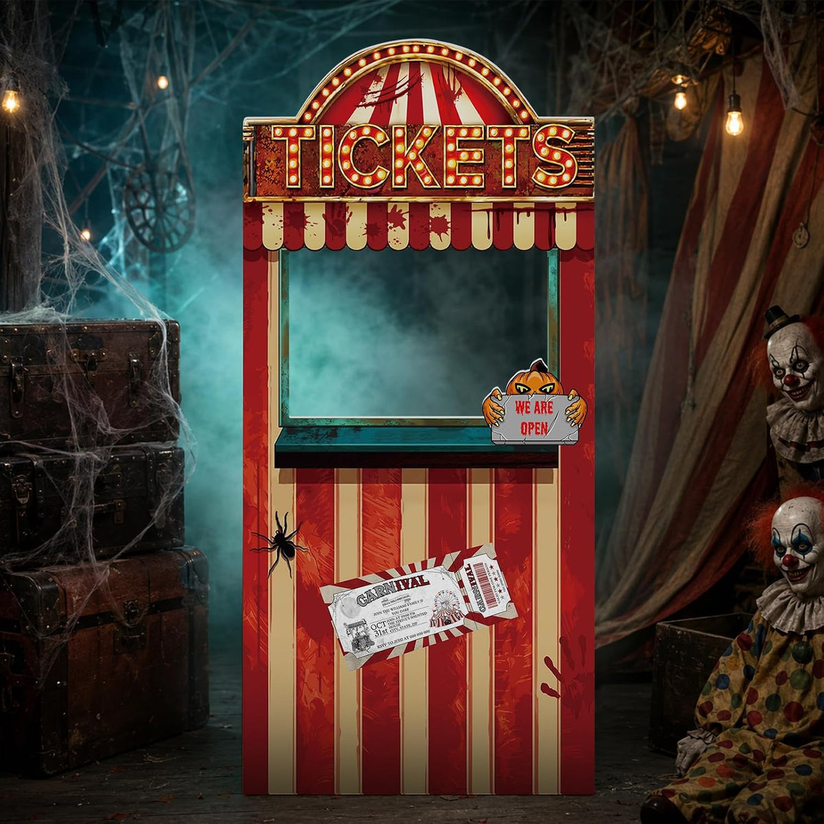5.6 Ft Creepy Carnival Ticket Booth Photo Prop, Stand Up Halloween Carnival C...