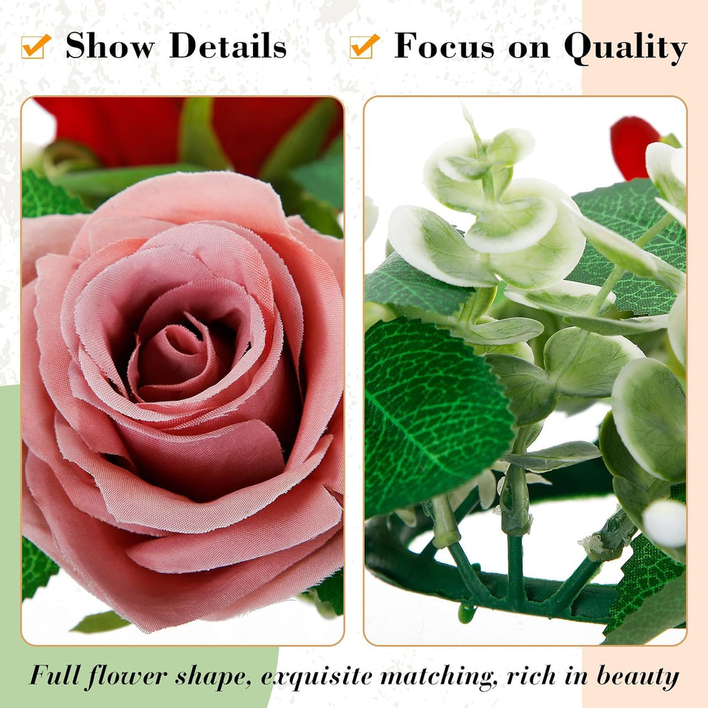 Yunlly 12 Pcs Rose Candle Rings with Flameless Candles Sets, Artificial Flower Eucalyptus Wedding Centerpiece 3 Inch Pillar Candleholders Wreaths for Wedding Party Mother's Day (Red，Pink，White)