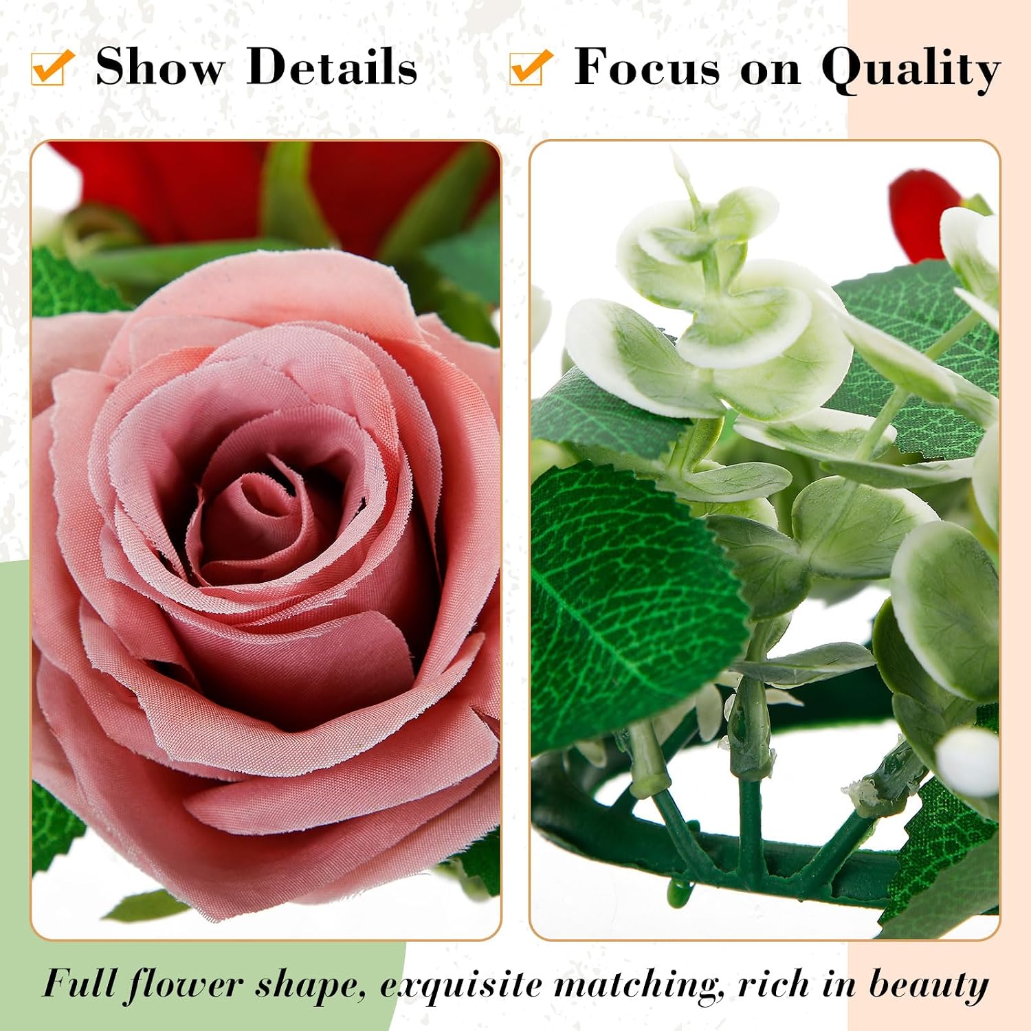 Yunlly 12 Pcs Rose Candle Rings with Flameless Candles Sets, Artificial Flower Eucalyptus Wedding Centerpiece 3 Inch Pillar Candleholders Wreaths for Wedding Party Mother's Day (Red，Pink，White)