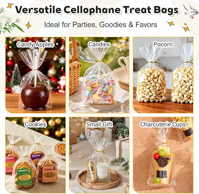 PigPotParty 6"x 9", 100Pcs Bottom Gusset Bags, Clear Plastic Cellophane Treat Goodie Bags with Ties for Party Favor, Candy, Cookie, Popcorn, Small Gift Wrapping (No Side Gusset)