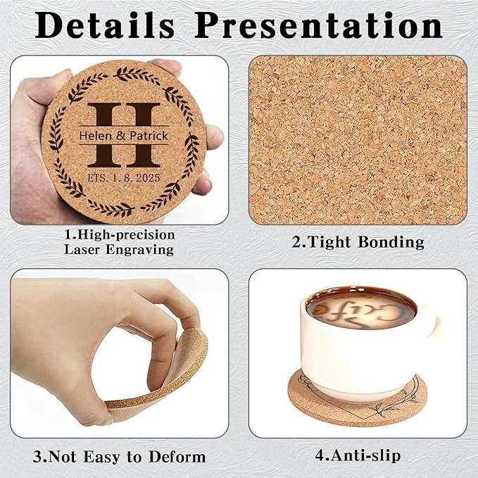Custom Coasters Personalized Cork Coasters Bulk with Logo Wedding Personalized Cork Natural Wood Engraved Drink for Wedding Favors (Cork Coasters - Circle)