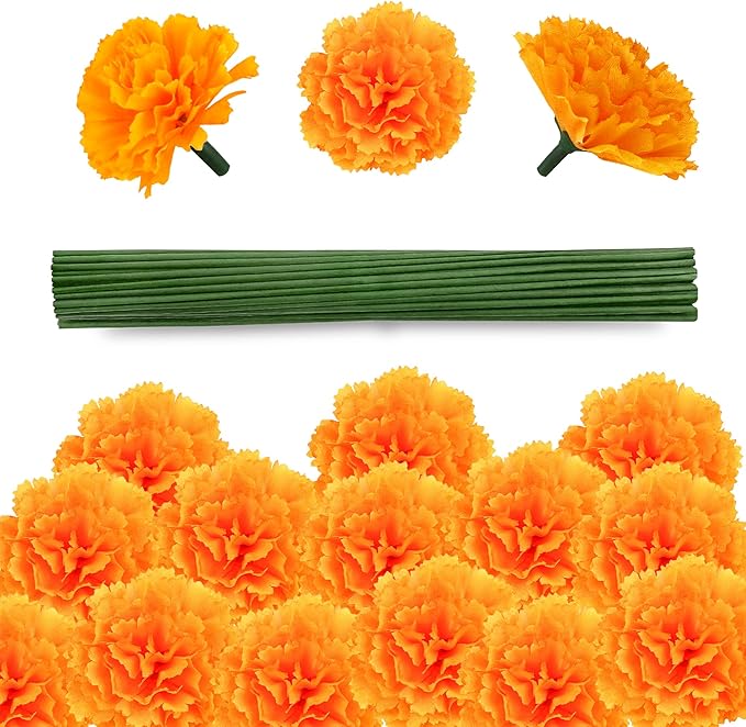 80 Pcs Artificial Marigold Flowers,2" Silk Marigold Flower Heads with Stems,Orange Flowers Artificial for Diwali Decor,Indian Wedding,Home,DIY Wreath Garland,Day of The Dead Decorations