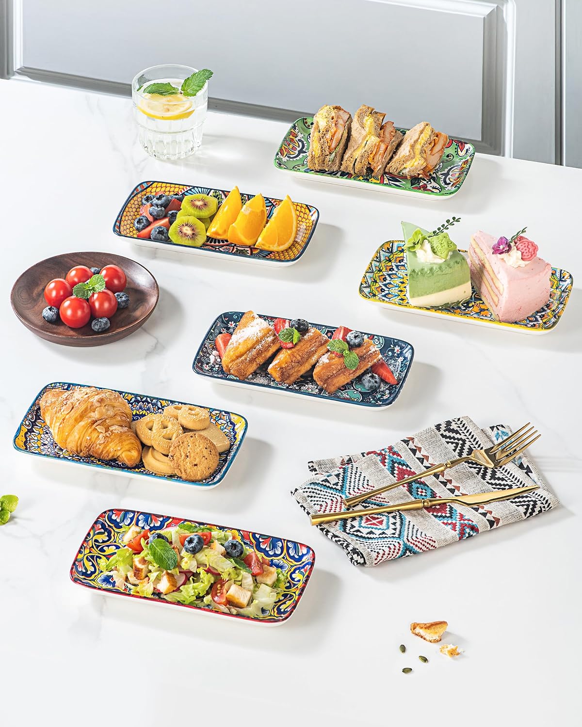 Boho Ceramic Rectangular Appetizer & Sushi Plates Set of 6, 8 Inch
