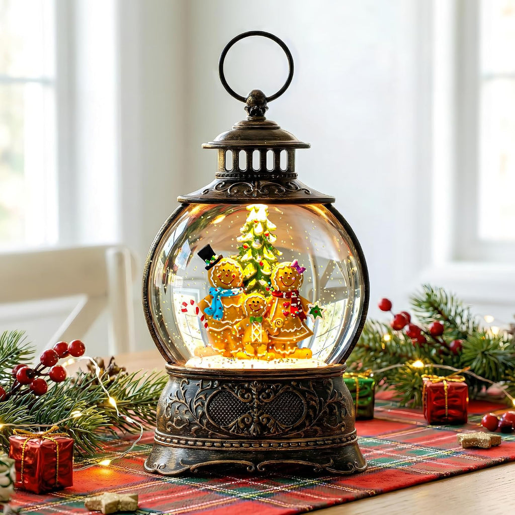 Christmas Snow Globe Water Lantern with Gingerbread Scene Battery Operated or USB Powered Musical Lighted Holiday Decoration for Tabletop Display for Family and Friends