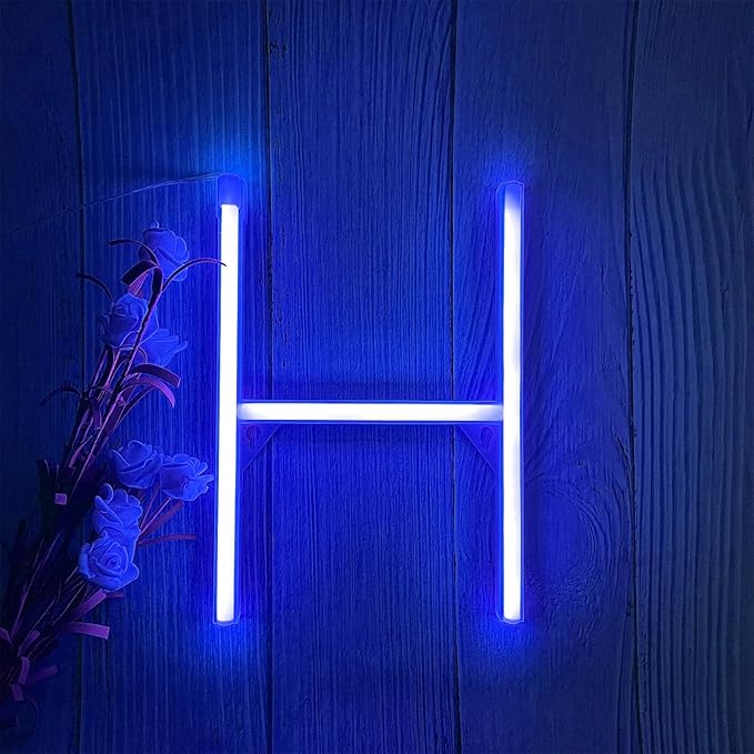 ENUOLI LED Blue Neon Letter Signs Night Light Battery or USB Operated LED Marquee Letters Neon Art Decorative Lights Wall Decor for Children Baby Room Christmas Wedding Party Decoration (H)