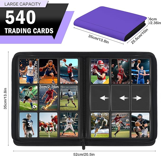 Trading Card Binder 9 Pocket, Zofly Zipper Card Collection Binder Album, Sturdy 540 Side-Loading Card Folder Holder for MTG, TCG, Sports Cards, Game Cards, Purple