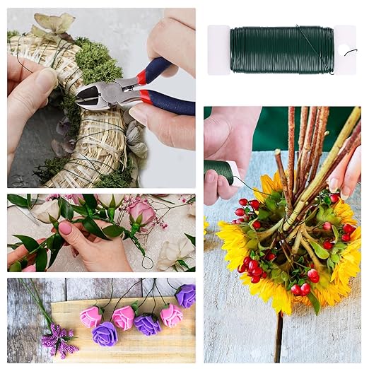 GLAMFIELDS Floral Arrangement Kit with Cutter, 5 Rolls 1/2" Wide Floral Tapes, 100 pcs 26 Gauge Floral Stem Wire, 1 Roll 22 Gauge Floral Wire for Bouquet Stem Wrapping and Floral Crafts
