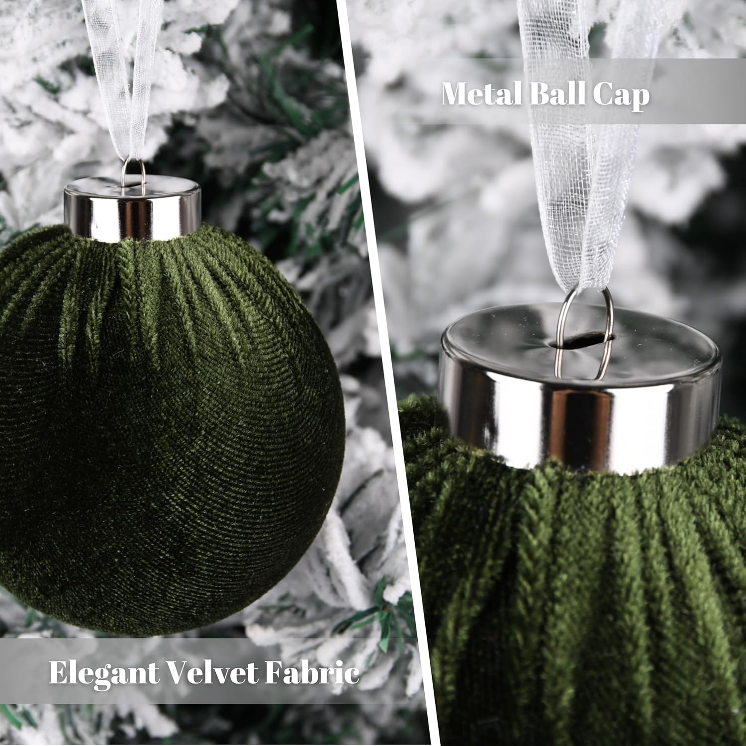 Christmas Tree Ornaments Velvet Balls - Pack of 15pcs Shatterproof Xmas Bulbs Decorations Set - Multicolor Green Brown Neutral, 80mm 3.15 inch
