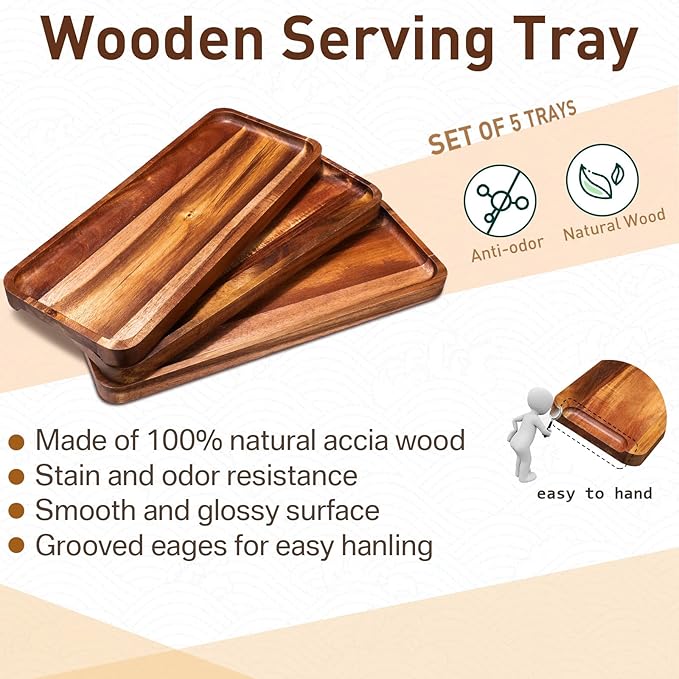 Roowest 5 Pack Solid Acacia Wood Serving Trays for Laser Engraving Rectangular Wooden Board for Food Appetizer Serving Tray Plates for Vegetables Fruit Cheese Housewarming Gifts(16 x 6.5 Inch)